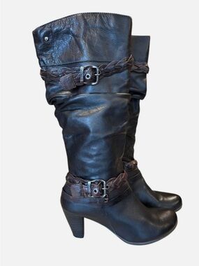 Pikolinos Verona Tall Black Leather Slouchy Boots Strappy Buckle Boho Western